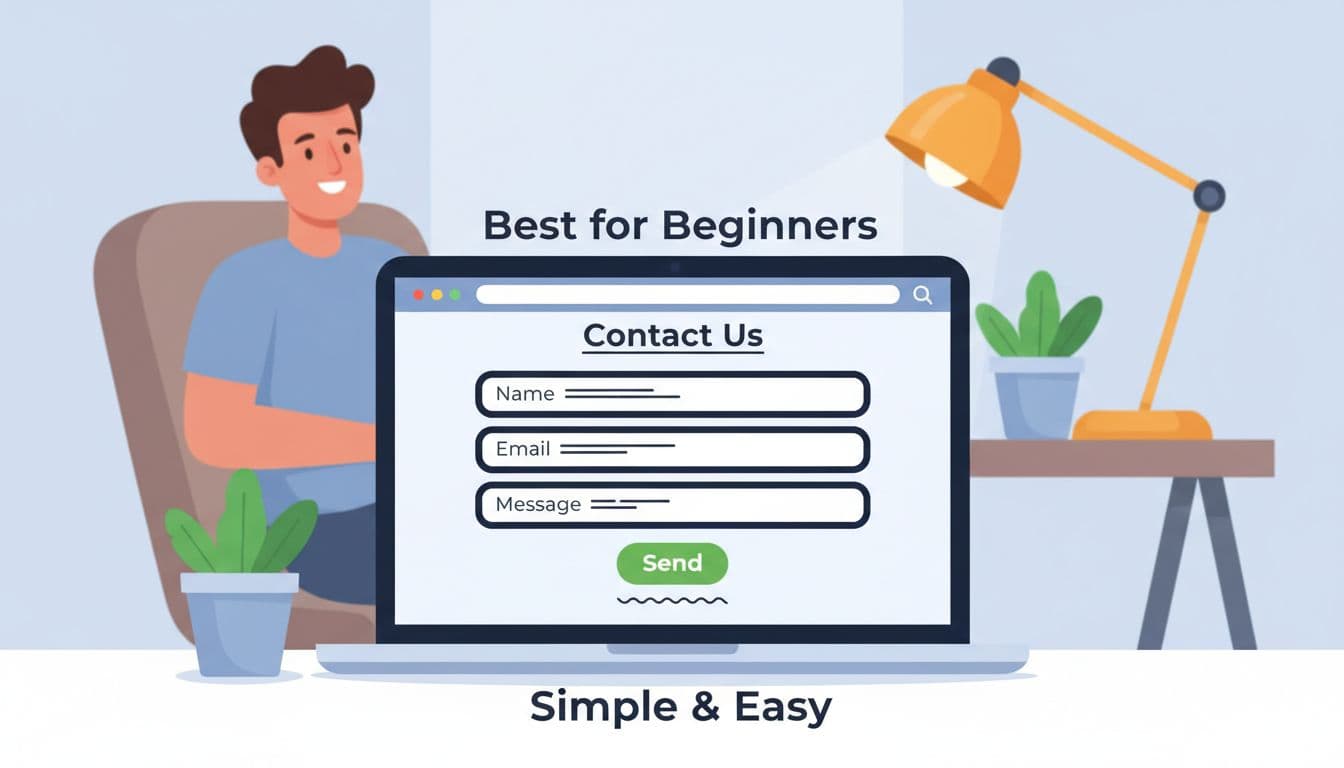 Modern illustration of a simple contact form on a WordPress blog page viewed on a laptop screen, featuring a smiling blogger in a cozy desk setup with plants, thick lines, clean shapes, and green button accent.