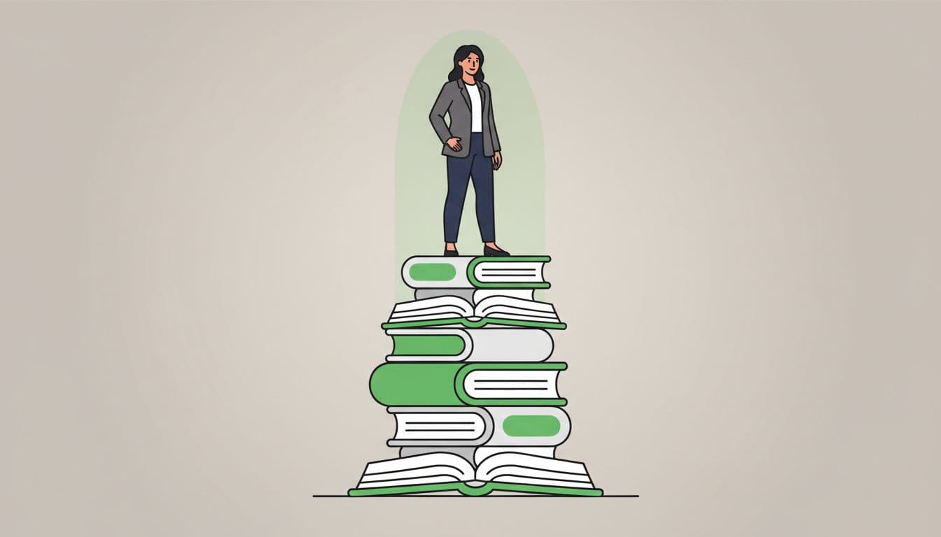 Modern illustration featuring a confident entrepreneur standing on a stack of blog posts as a pedestal, symbolizing authority building through blogging, with clean shapes, thick lines, #22C55E accents, and neutral background.