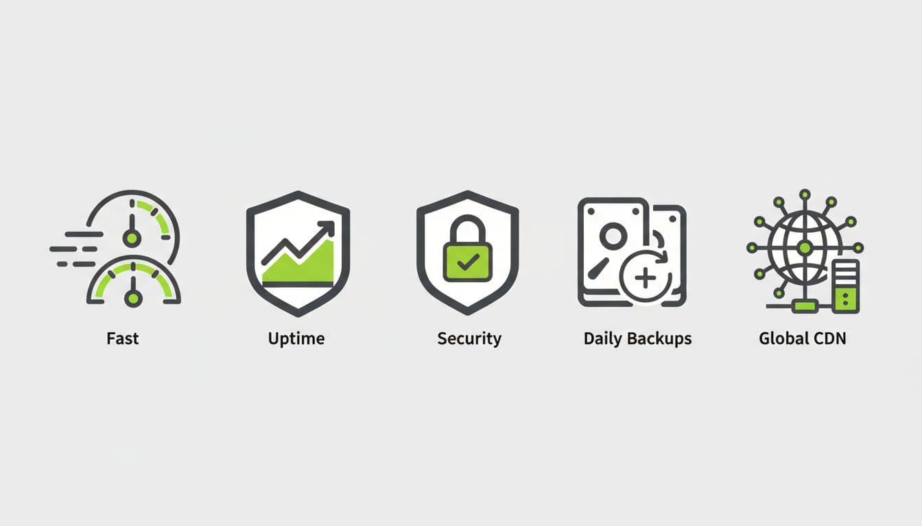 Modern icons depicting essential managed WordPress hosting features: speed clock, uptime graph, security shield, daily backups, staging site, and global CDN. Clean shapes, thick lines, green accent highlights on neutral background, neatly arranged.