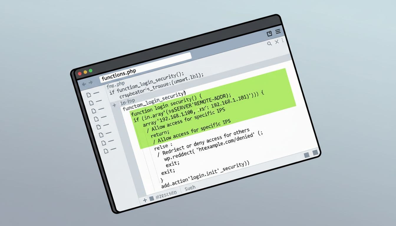 Modern illustration of a WordPress functions.php file open in a code editor, featuring a security code snippet highlighted in green (#22C55E). Clean shapes with thick lines, single angled computer screen, simple background, no people or readable text, landscape orientation.