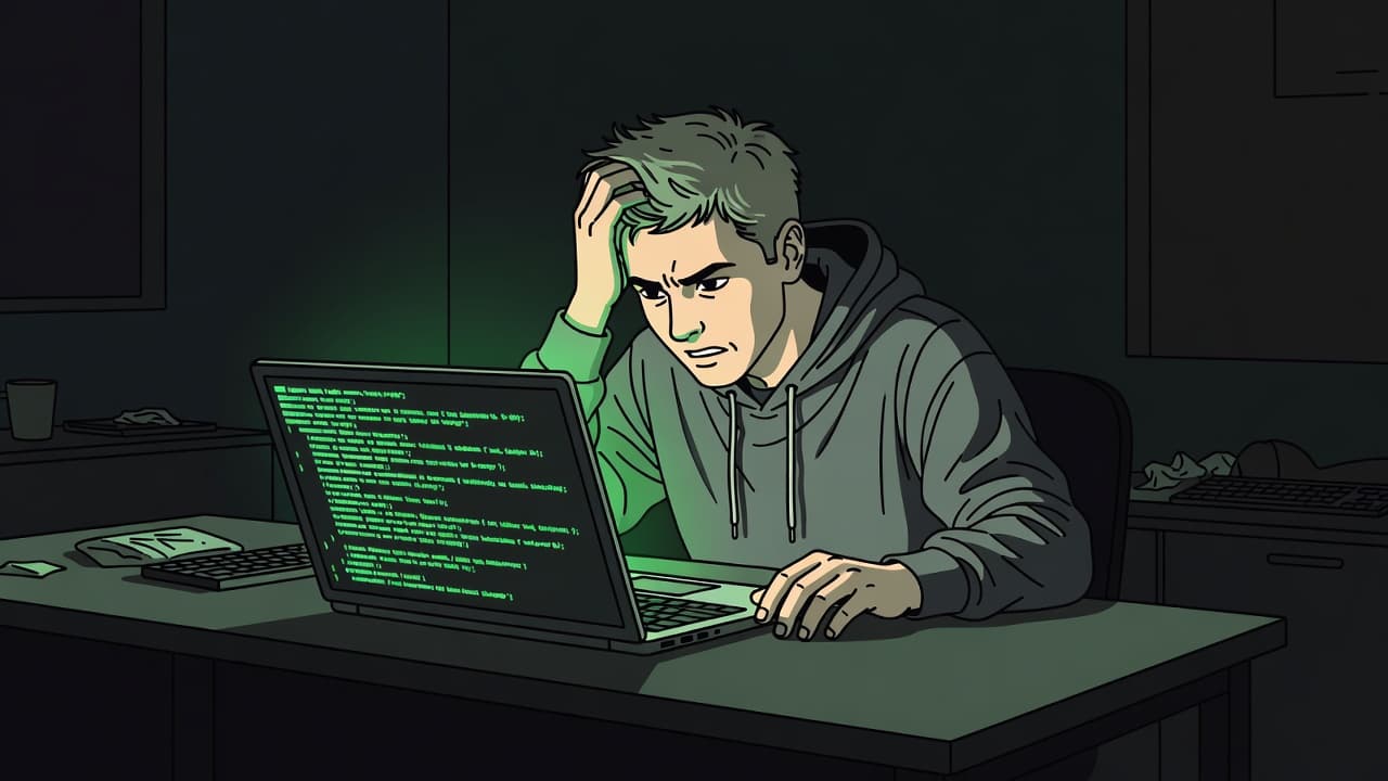 A person sits slumped over a laptop in a dimly lit room, showcasing clear annoyance. Sharp, minimalist green highlights accent the clean, bold lines defining the workspace and the screen's glow.
