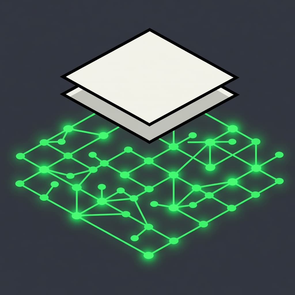 A stylized document rests atop a network of interconnected glowing green nodes. The clear contrast between the white paper layer and the technical data structure illustrates how hidden information supports content.